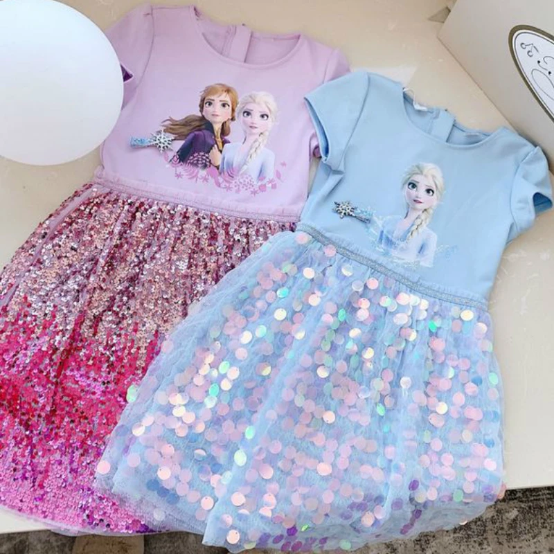 Kids Dress 2022 New Cotton Spring and Summer Frozen Girls Party Sequined Princess Toddler Girl Dresses | Детская одежда и обувь