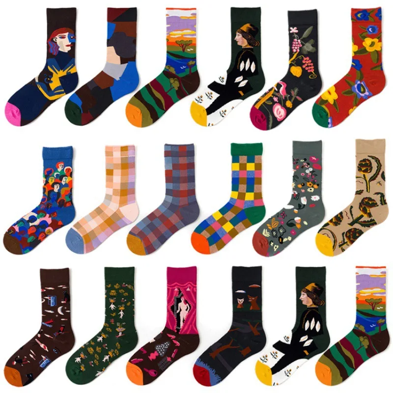 4 PairFloral socks for men and women with high personality,pure cotton socks,oil paintings,fun couples,trendy socks
