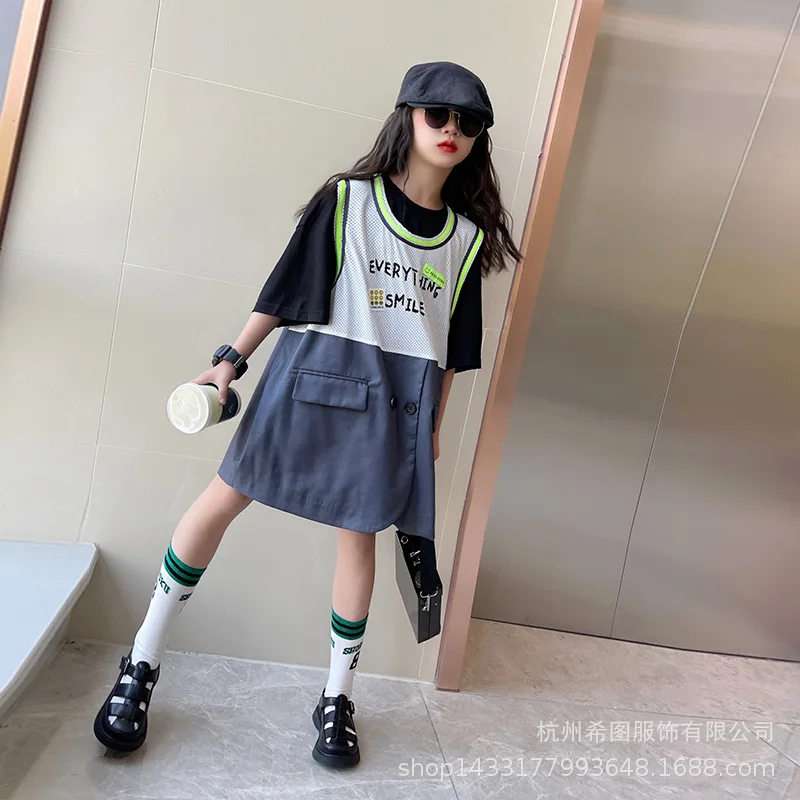 

Girls dress 2022 summer new two-piece suit stitching skirt design fashionable a-line dress