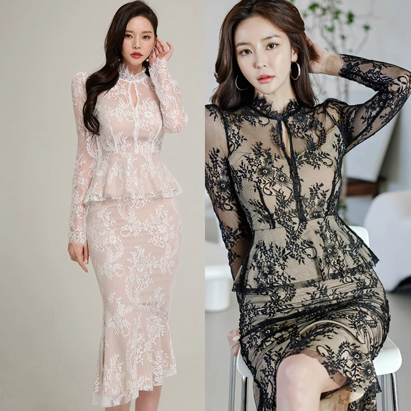 

Women's Spring New Korean High-end Style Standing Neck Long Sleeve Slim Fit Lace Top+Fashion Hip Wrap Fishtail Dress Set