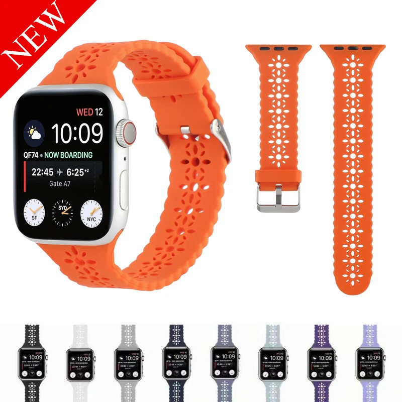 

Ремешок силиконовый спортивный для Apple Watch, Воздухопроницаемый браслет для IWatch Band Series 7 6 SE 5 4 3 2, 45 мм 41 мм 44 мм 40 мм 42 38 мм