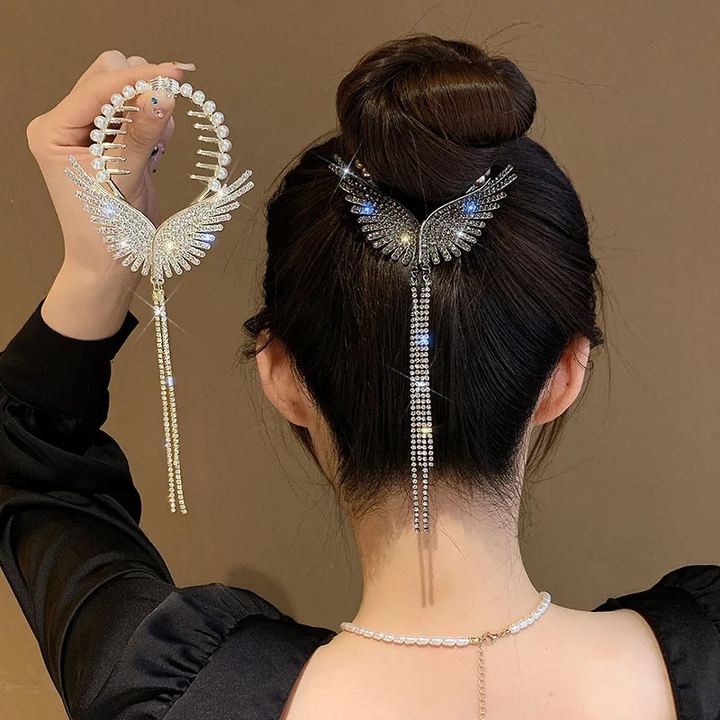 

Angel Wings Pearl Rhinestone Tassel High Pill Head Ponytail Buckle Hair Clip Female Korean Hair Bun Elegant Hairpins Accessories