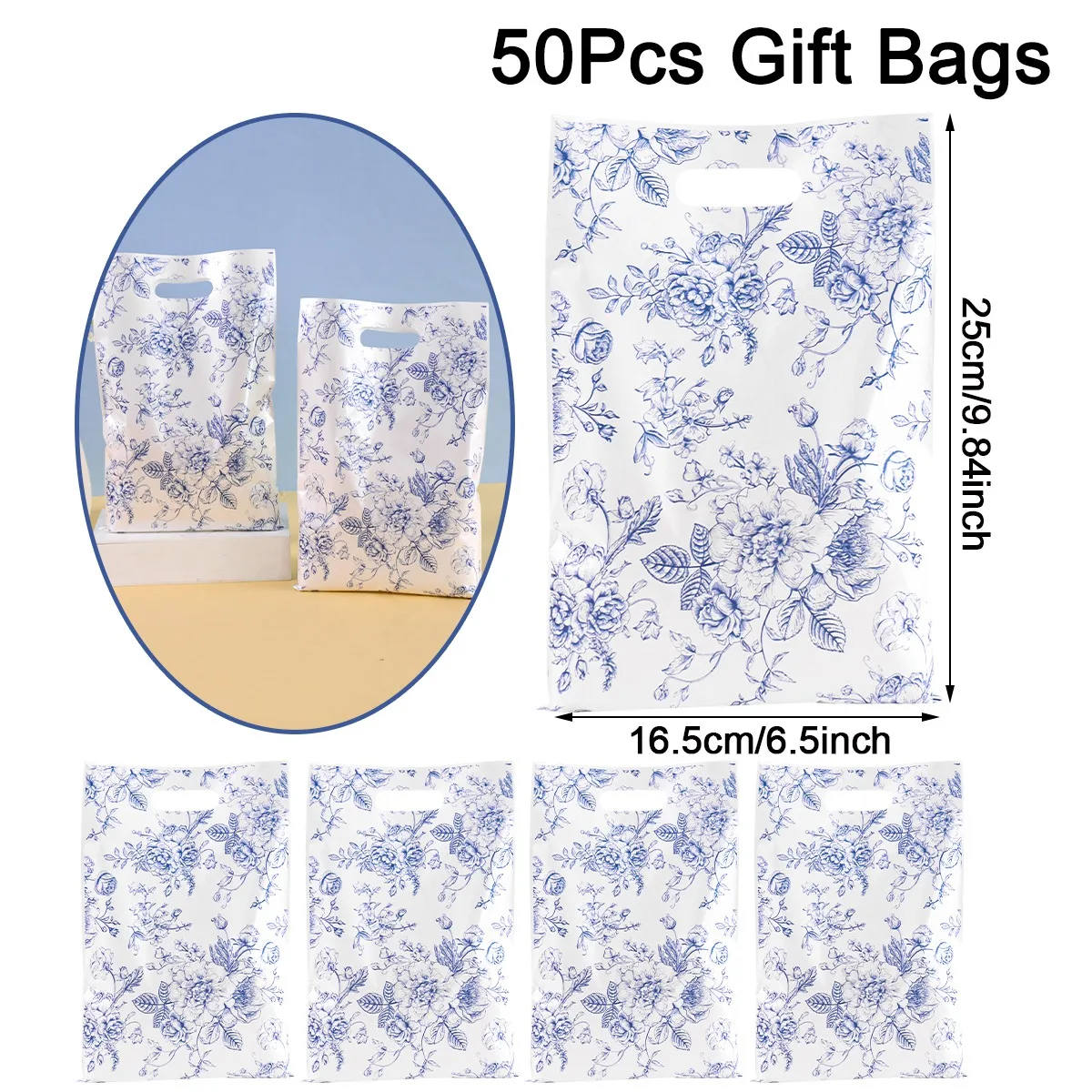 

Синие полосатые подарочные пакеты с цветочным принтом