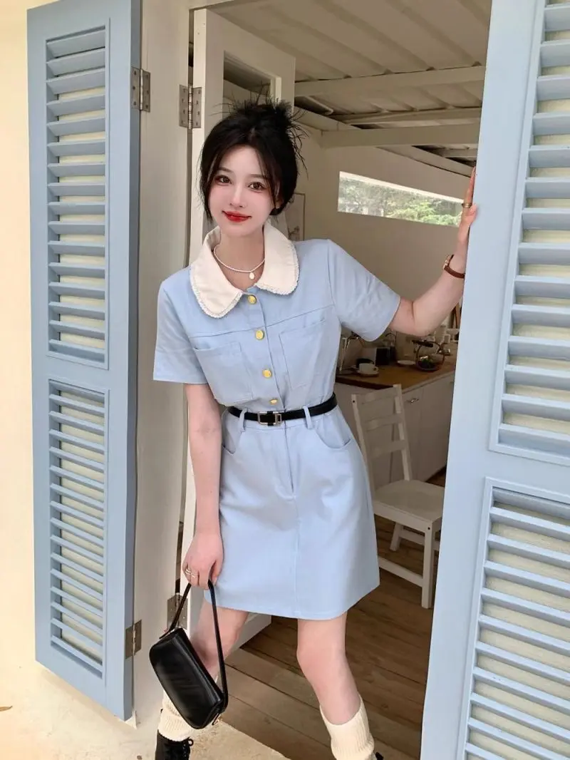 

Новинка лета 2023, комбинезон с юбкой, темпераментный тонкий милый дизайнерский нишевый комбинезон с короткими рукавами, Топ