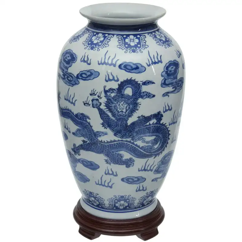 

14" Dragon Blue & White Porcelain Tung Chi Vase