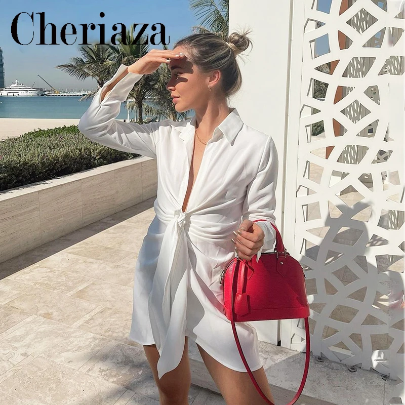 

Женское платье-рубашка со складками, белое асимметричное однотонное платье-мини с глубоким V-образным вырезом и длинными рукавами, лето 2022