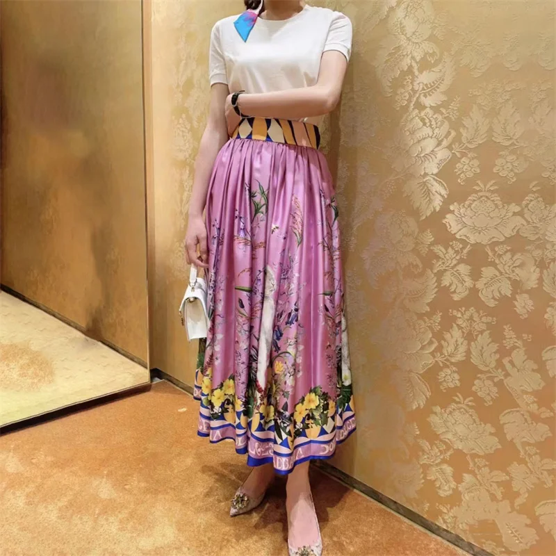2023ss new brand high-quality cottonprinted half skirtwomen's fashion high street beachholiday pastoral style pleated long skirt