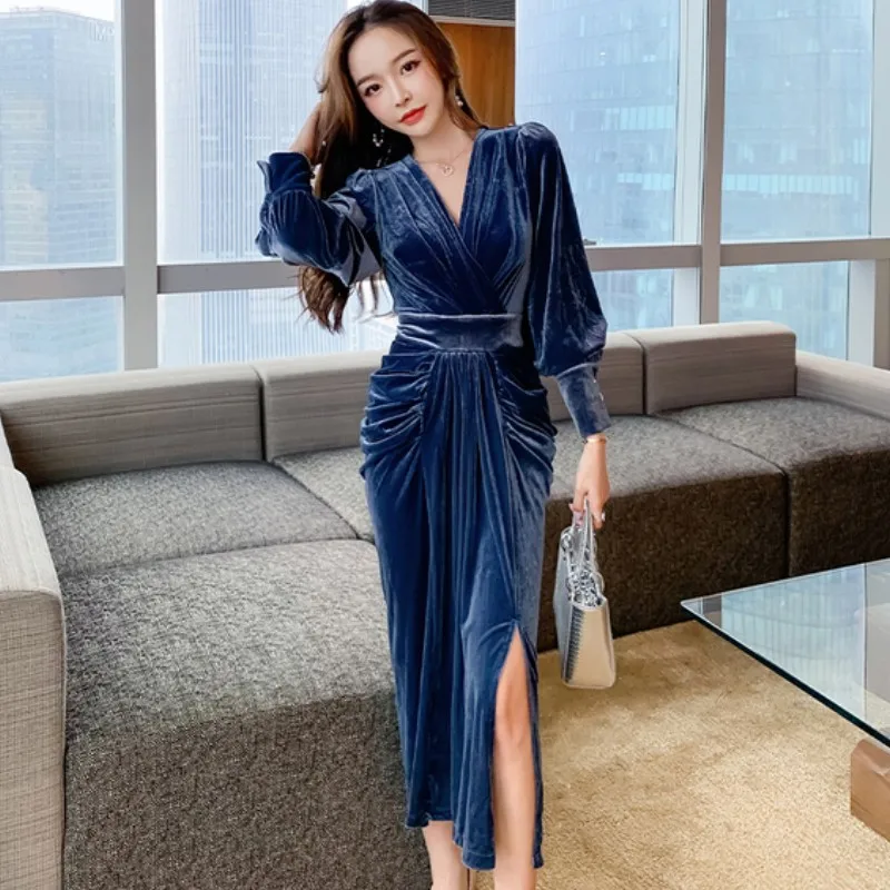 

Korea Elegant Lantern Sleeve Velvet Sexy V-Neck High Waist Evening Special Occasion Mid-length Split Dresses Female Vestidos