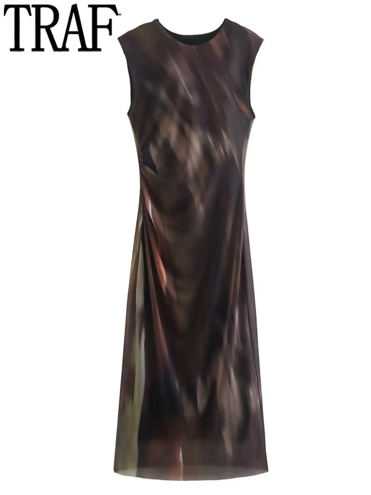 

TRAF Vintage Tulle Long Dress Women Ruched Print Mesh Dress Woman Sleeveless Party Dresses For Women 2022 Midi Elegant Dresses