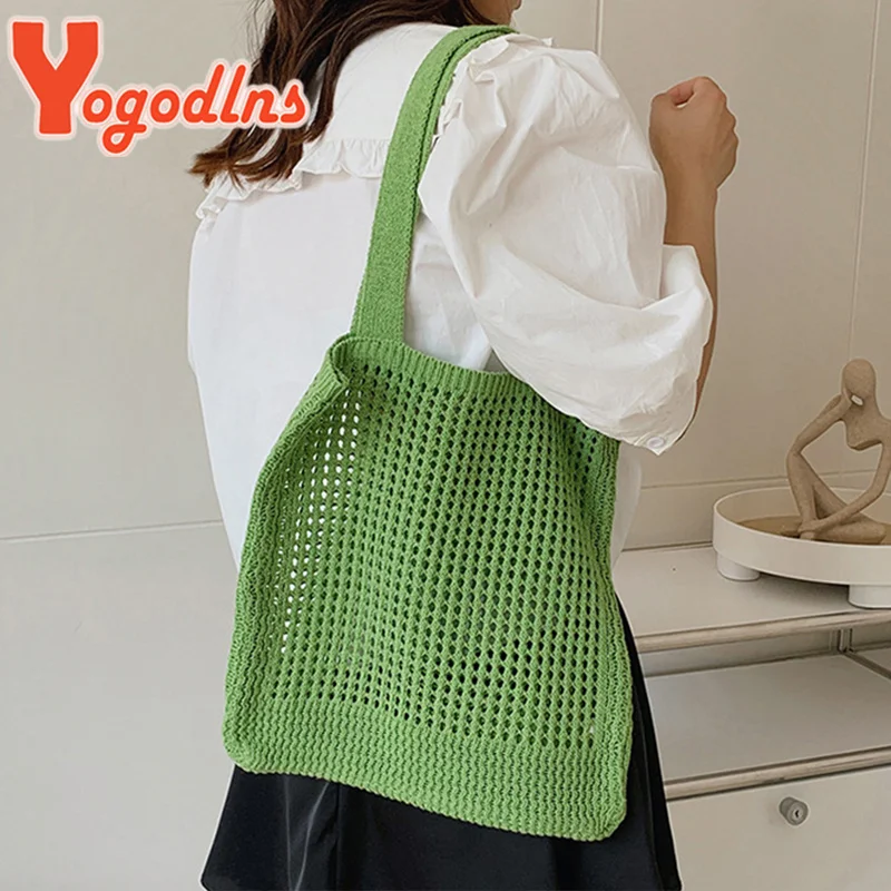 

Summer Knitted Hollow Shoulder Bag Womens Large Capacity Shopping Tote Casual Mesh Beach Bag Gilrs Portable Handle Bag