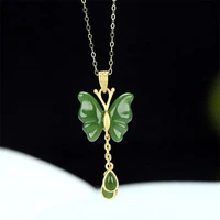 hot selling natural hand carved jade silver inlay butterfly necklace pendant fashion jewelry men women luck gifts