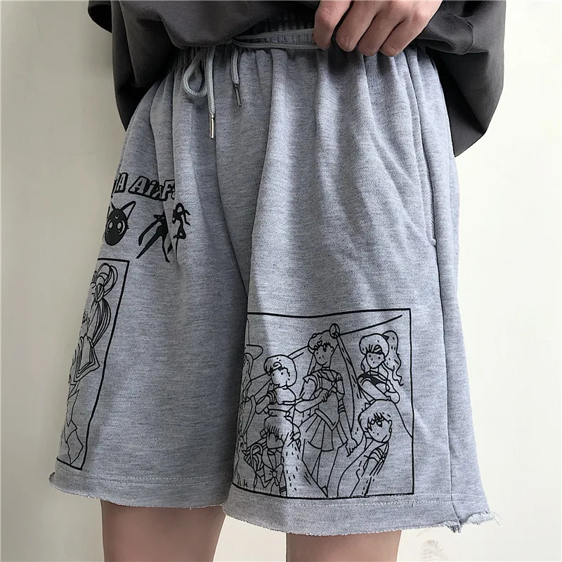 2023 Letter Cartoon Sports and Leisure Loose Wild Student Was Thin High Waist Shorts Printed Elastic Waist Shorts Shorts Loose