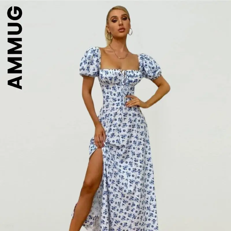 Ammug Fashion Floral Print Puff Sleeve Tie Front High Split Dress Elastic All-Match Outfits Harajuku Slim Dress Woman Female