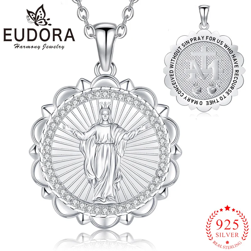 

Eudora 925 Sterling Silver Virgin Mary Patronus Necklace Mother of God Religious Pendant Exquisite Zircon Jewelry for Women Men
