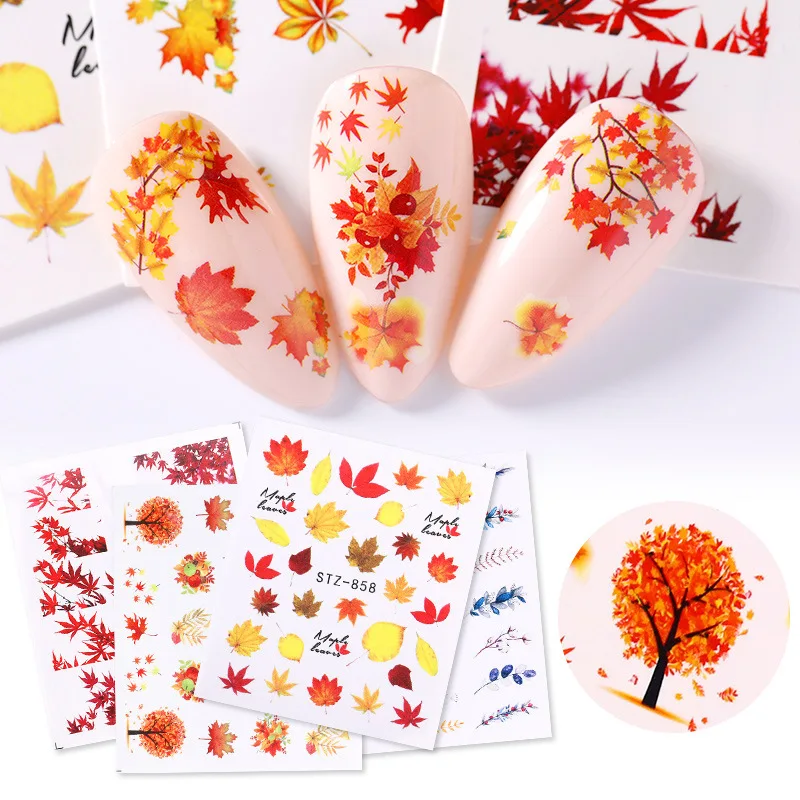 

5pcs/set Fall Leaves Nail Decals Autumn Yellow Maples Leaf Fallen Leaves Nail Art Stickers DIY Manicure Slider Decorations Women