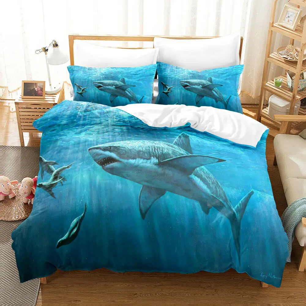 

3D Shark Fish Bedding Duvet Cover Twin Ocean Sea Themed Pattern on Blue Comforter Cover,Hawaiian Beach Polyester Bedding Set