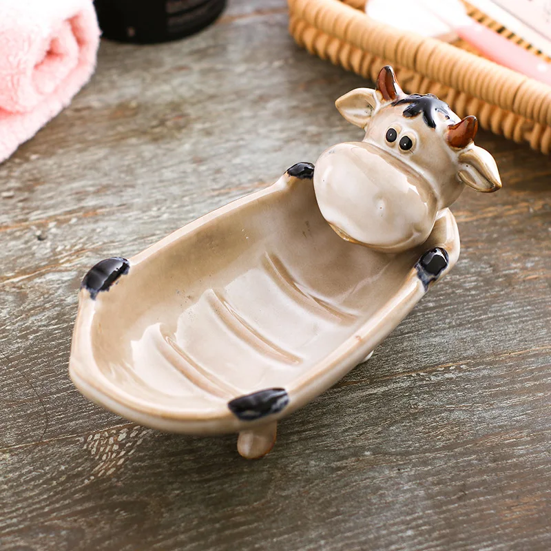 

Cute cartoon bathroom ceramic soap holder multi-functional home small change storage plate creative animal tabletop fruit tray