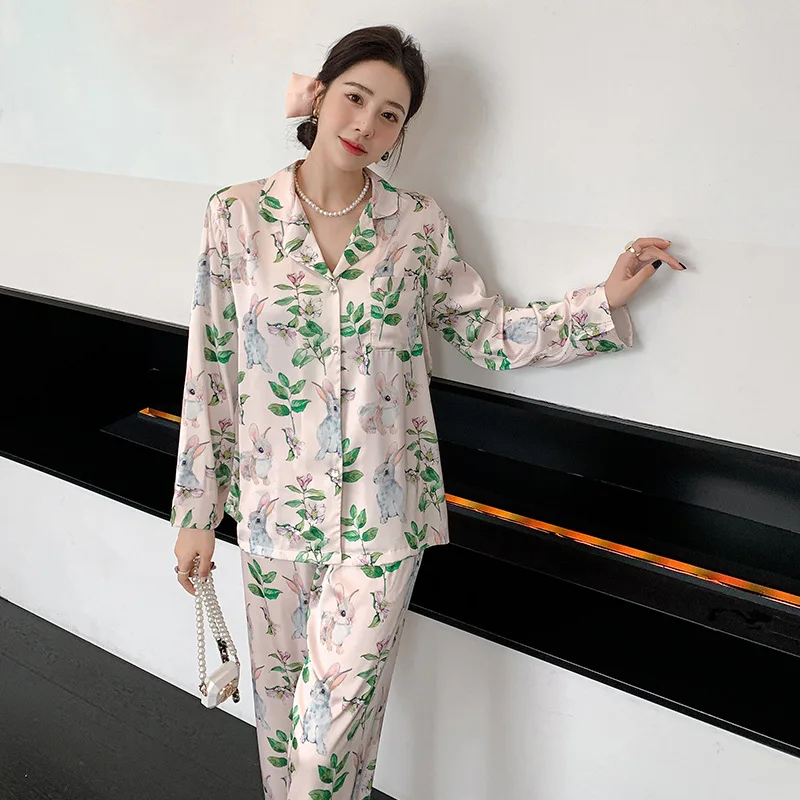 2023 Autumn Ice Silk Pajamas Women's Long-Sleeved Green Leaf Bunny Pajamas Suit High-Grade Internet Celebrity Homewear