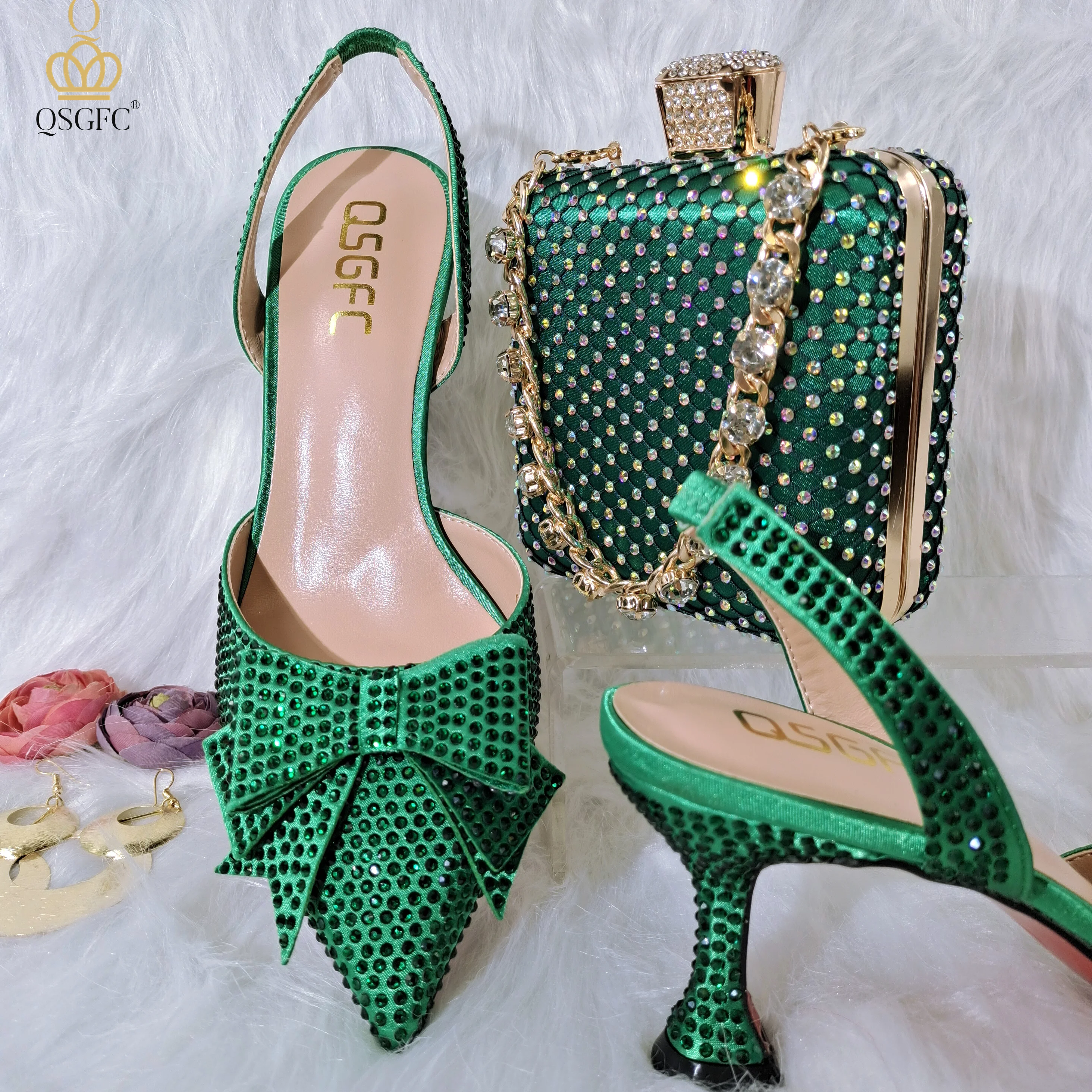 

QSGFC Green Color Crystal Decoration Style Wine Glass Heel Friends Party Shoes Nigerian Fashion Ladies Shoes And Bag For Party