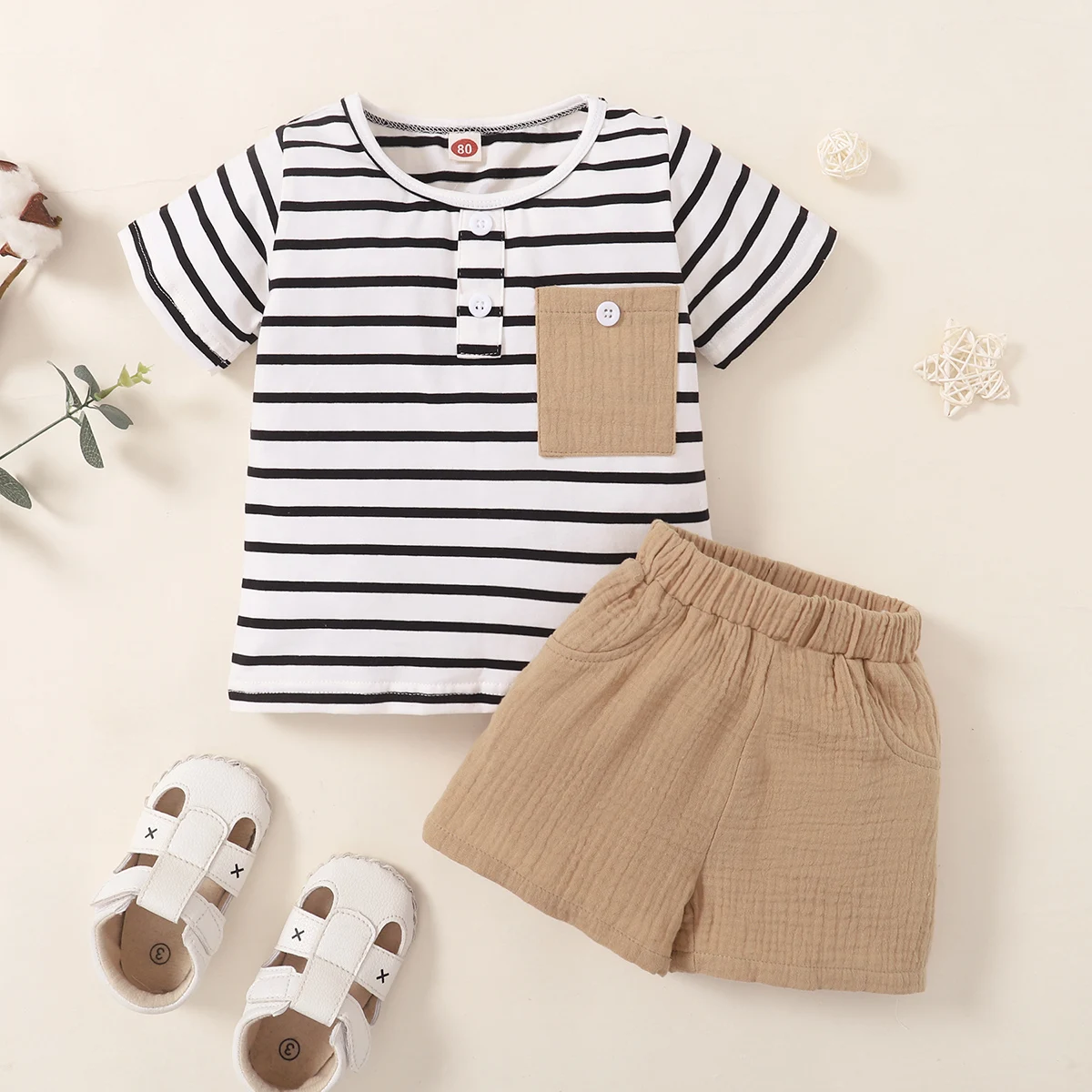 

hibobi Baby Boy Clothes Short Sleeve Stripes T-Shirt & Solid Shorts 2 pieces Summer Outfit Set