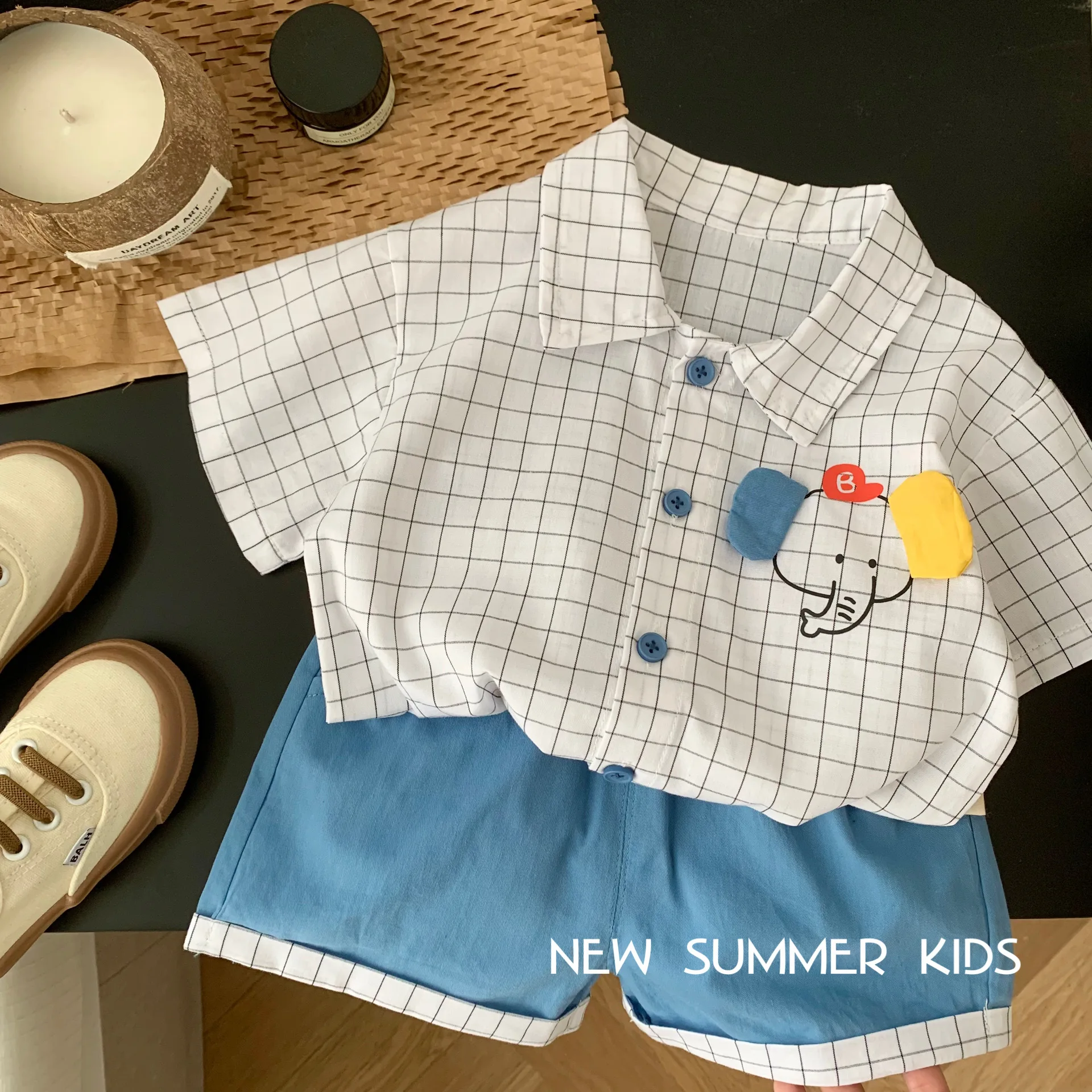 

2023 Boys Cartoon Suit Baby Kids Children Clothing Set Plaid Blouse+ Shorts