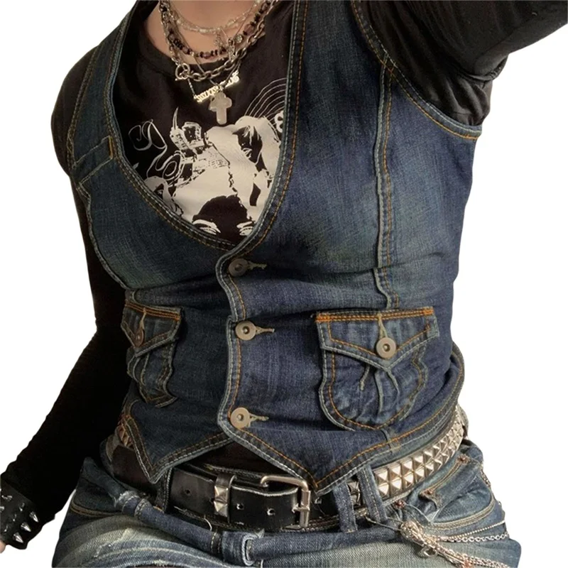 Куртка Y2K в готическом стиле однотонный винтажный облегающий жилет из денима