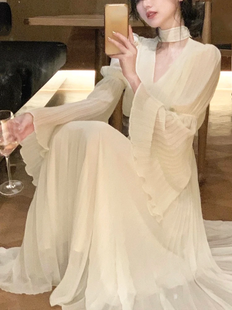 

2023 Spring Elegant V-Neck Midi Dresses Women Casual Long Sleeve Vintage Chiffon Dress One Piece Dress Korean Women Office Lady