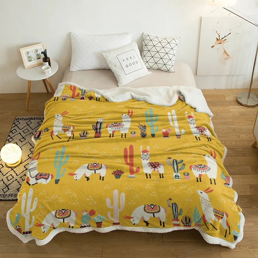 

Cactus Lama Alpaca Mexico Kawaii Lamb Cashmere Fleece Blanket Home Bed Sofa Winter Sherpa Bedding Kids Thick Bedspread