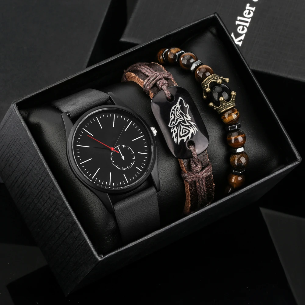 3PCS Minimalistischen Uhr Männer Mode Lässig Schwarz Leder Quarz Armbanduhren Wolf Armband Set Geschenk für Freund Reloj Hombre