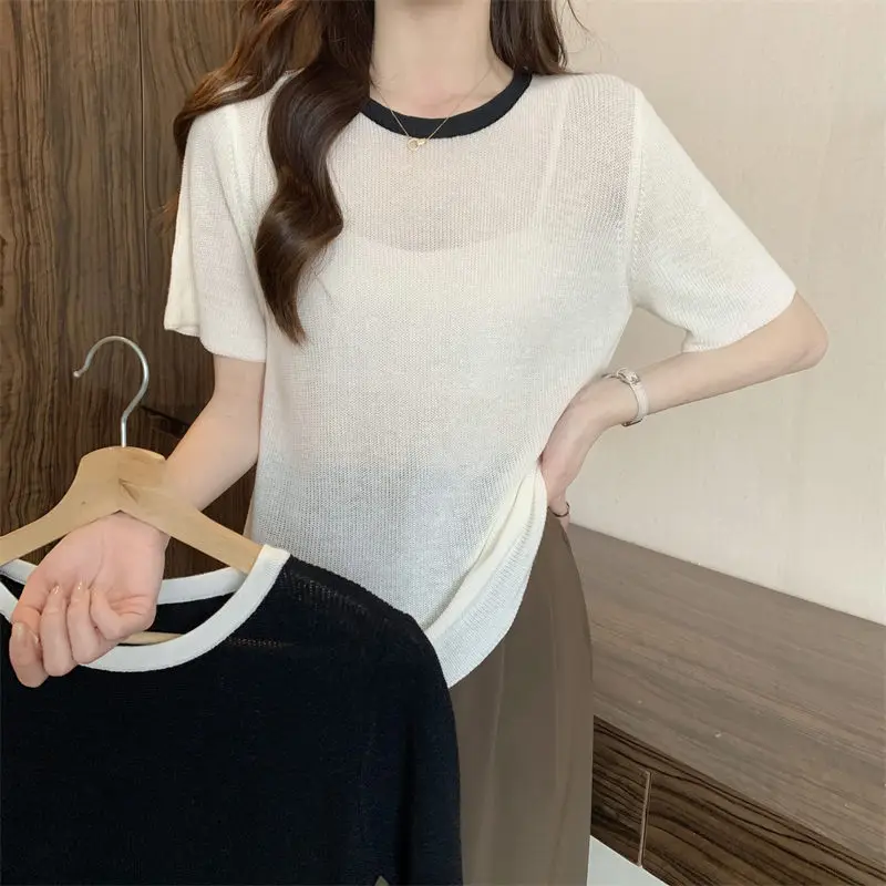 

Tshirt Oversized Women Spring And Summer 2023 New Color Contrast French Chic Thin Top Short Sleeve Casual Loose Tee Z539
