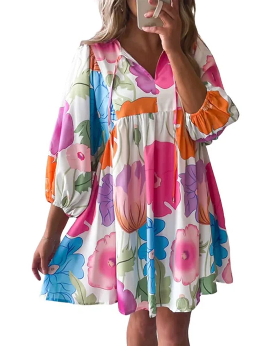 Мини-платье Babydoll женское с пышными рукавами цветочный сарафан в стиле бохо