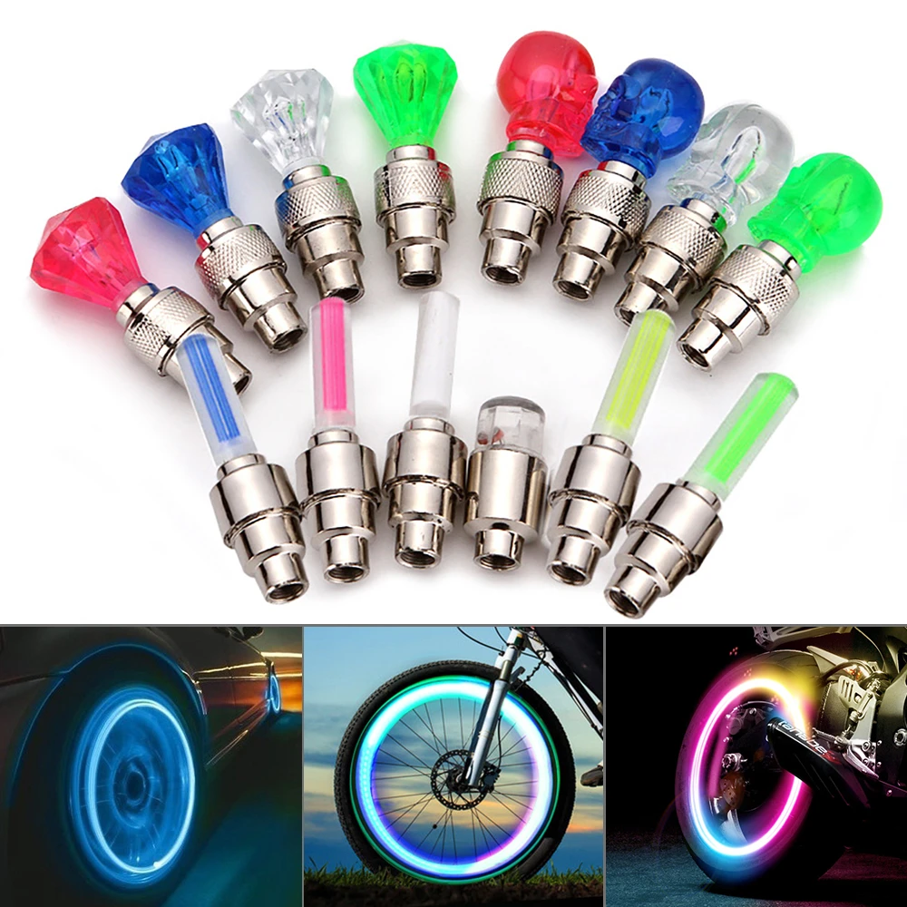 2pcs Bicycle Valve Light Gem Skull Colorful LED Neon Bike Light Tyre Tire Wheel Nozzle Warning Flash Lamp Cycling Accessories