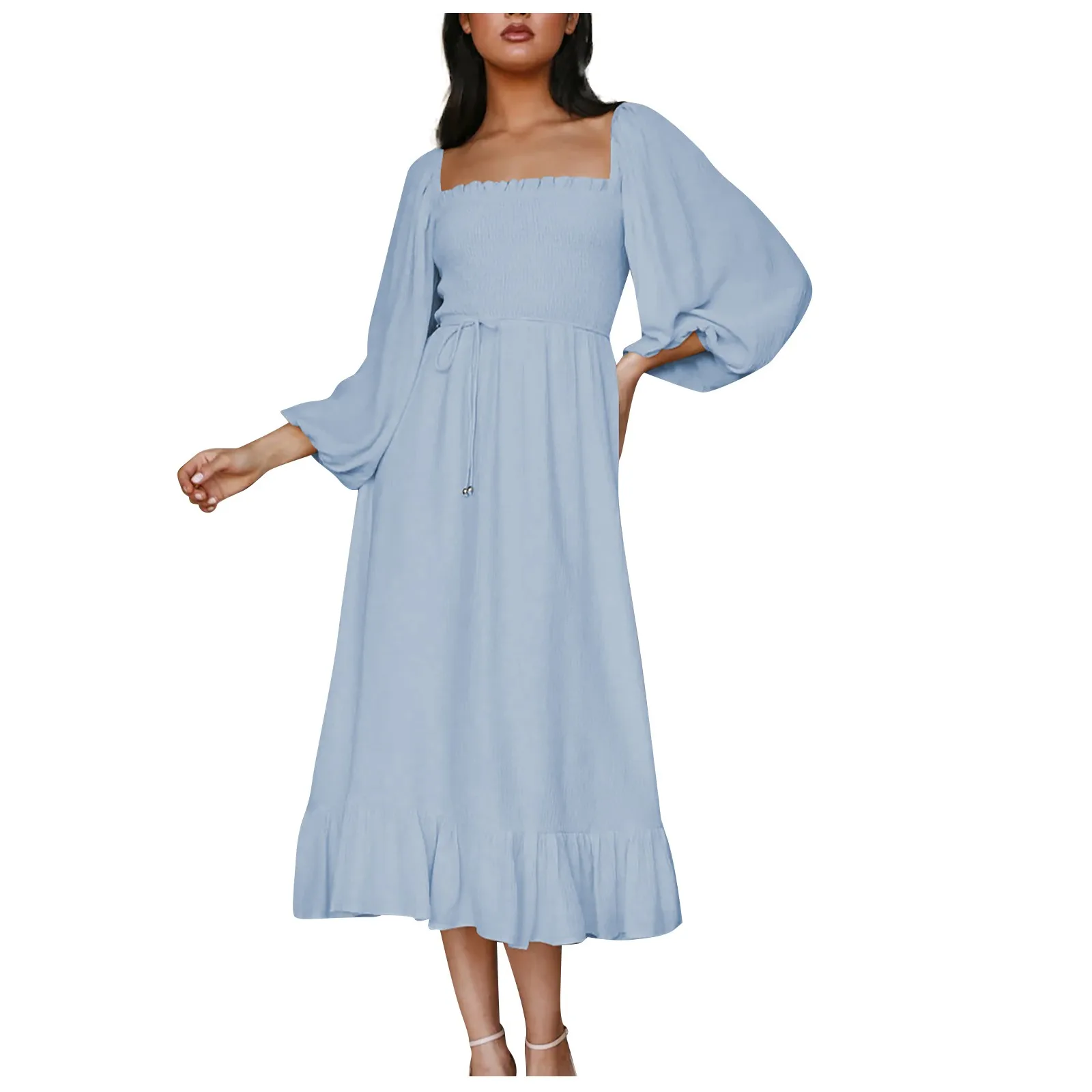 

2020 Fashion Women’S Casual Long Sleeve Party Dress Solid Color Square Collar Pleated Slim Fit One Piece Mini Dress For Winter