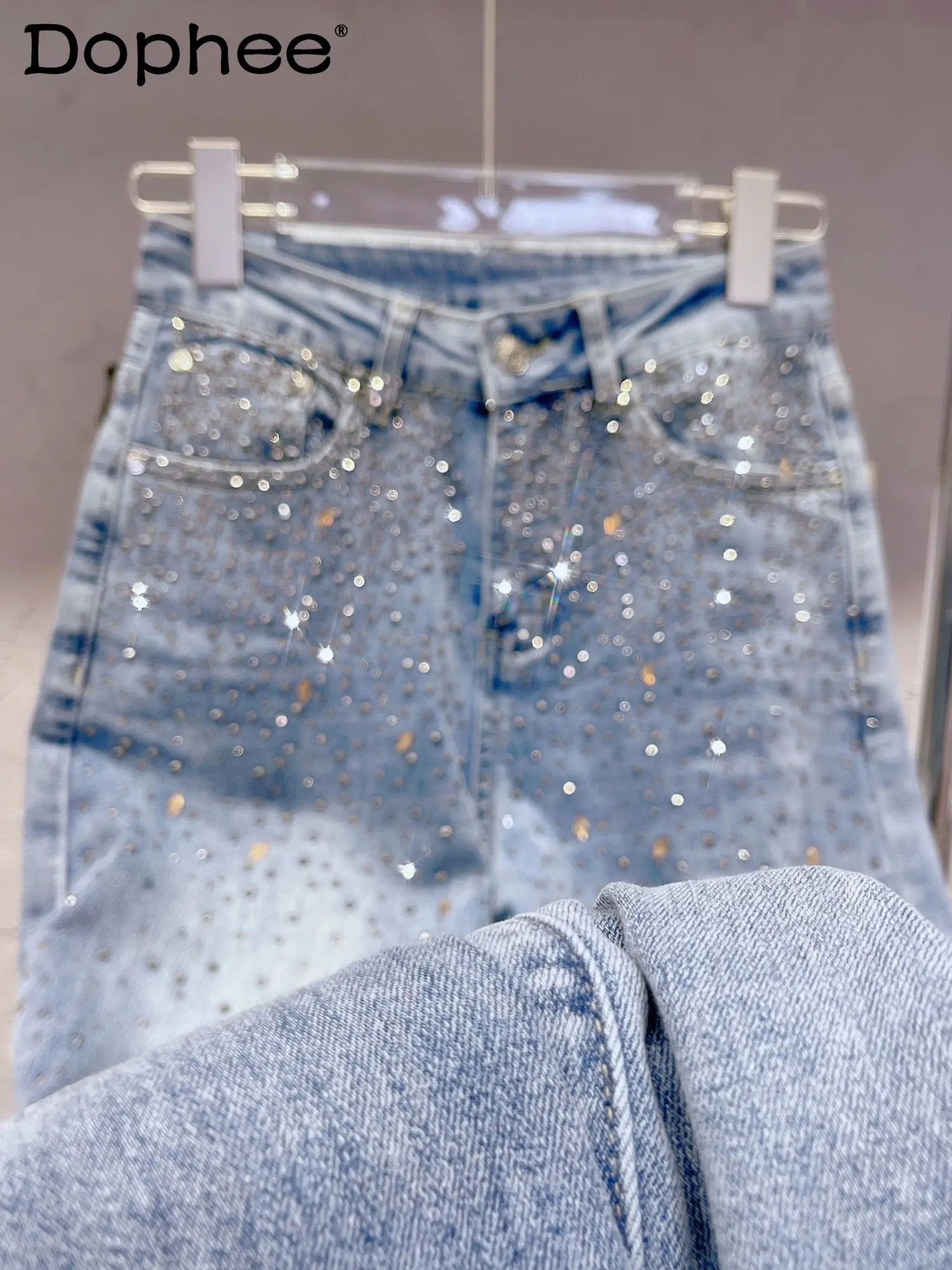 

Quality Elastic High Starry Sky Diamond Baggy Jeans Women Comfortable Soft Straight Denim Pants 2023 Spring Pantalones De Mujer