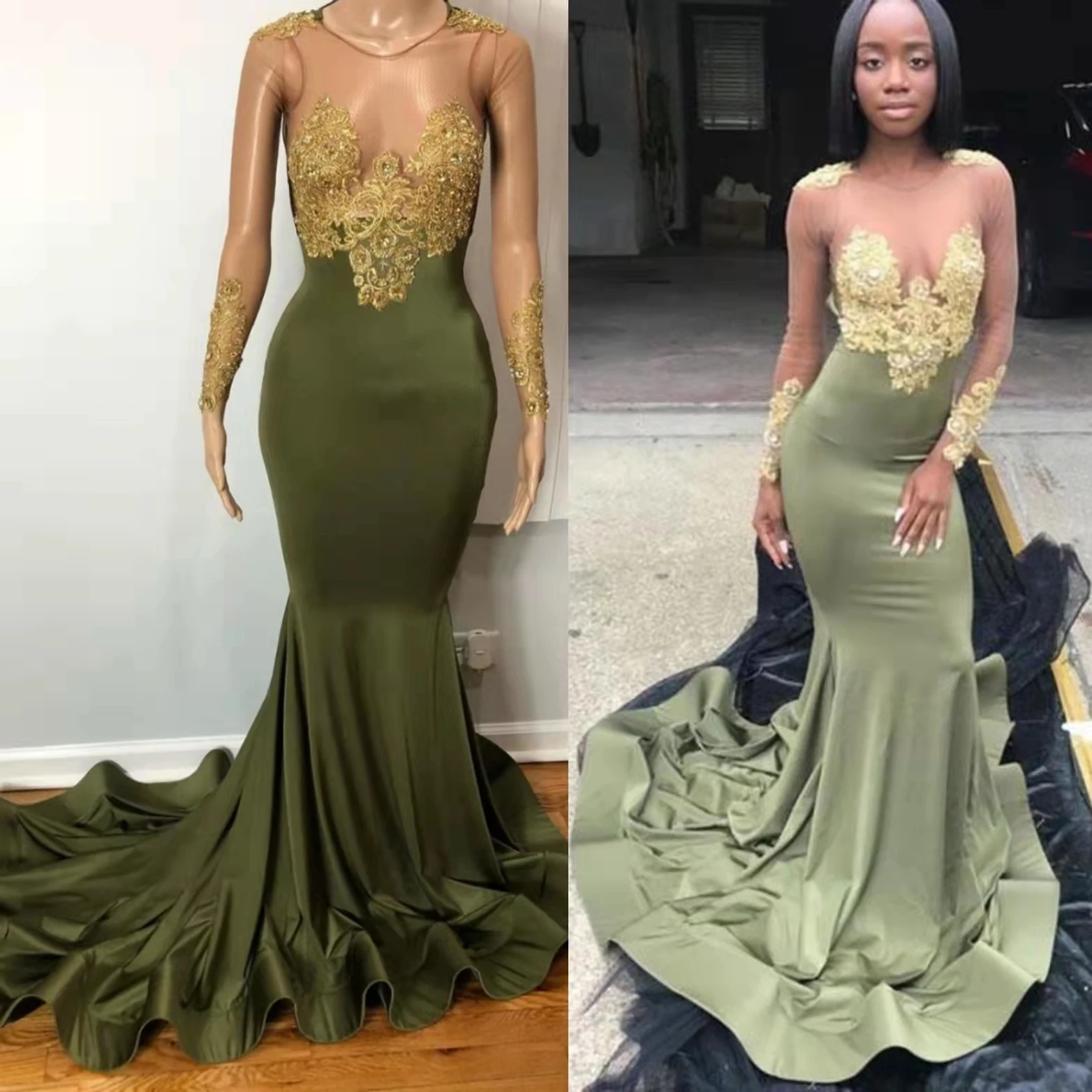 

Зеленое иллюзионное вечернее платье с длинным рукавом, Русалка, Золотые Аппликации, кружевные блестящие африканские черные платья для выпу...