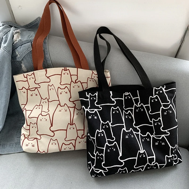 

TPJB Canvas Bags Handbag for Women Shopper Tote Bag Fashion Designer Bag Japanese Style Cartoon Cute Cats Small Eco Shoulder Bag