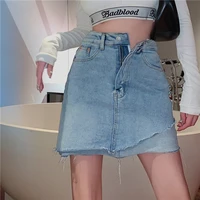 casual high waist ripped denim skirt women high waist sexy mini skirt summer streetwear fake 2 piece ripped jeans irregular saia