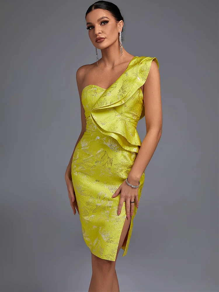 

One Shoulder Party Dress 2022 Women Yellow Bodycon Dress Elegant Sexy Ruffle Evening Club Dress High Quality Summer Outfit
