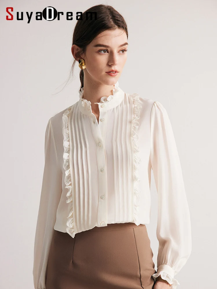 SuyaDream Woman Shirts 100%Mulberry Silk Stand Collar Ruffles White Chic Blouses 2023 Spring Summer Office Lady Top