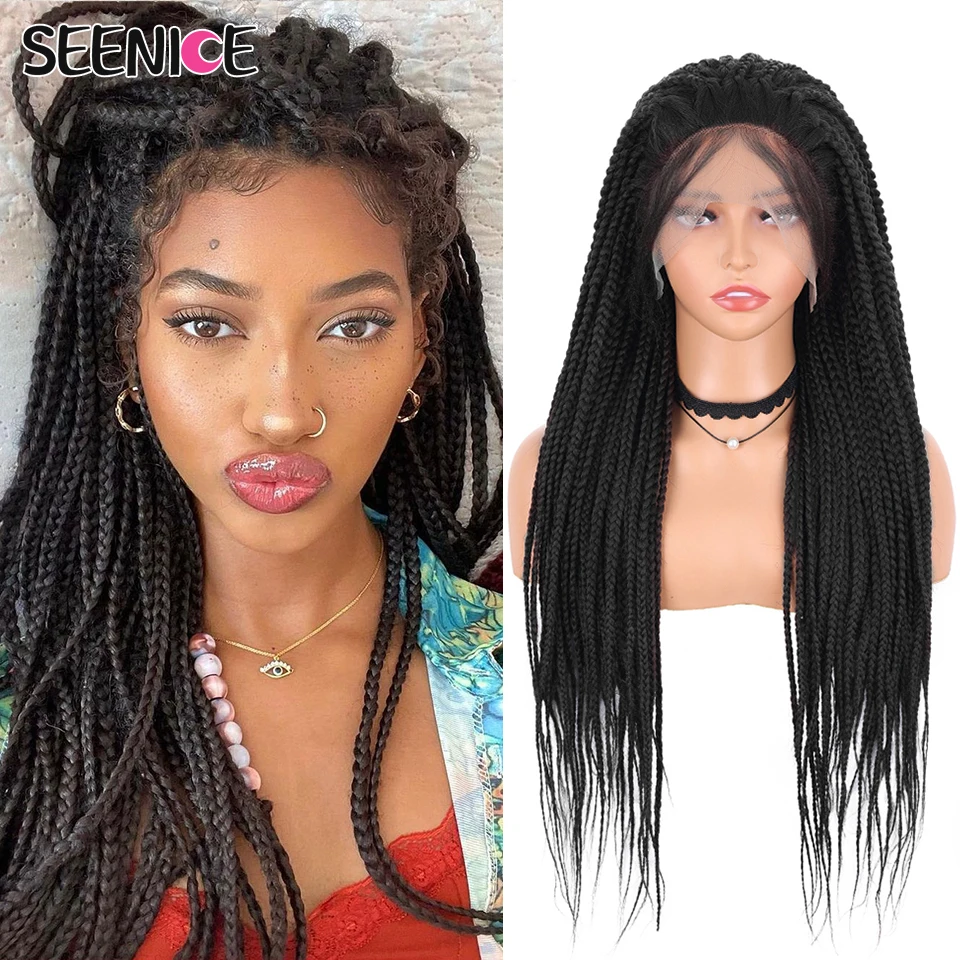 Box Braided Lace Front Wigs Afro Synthetic Long Straight Hair For Black Women Ombre Cosplay Twist Wig With Baby Hair 32