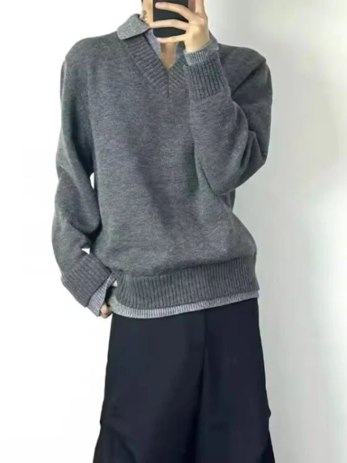 Design Sense Patchwork Contrast Color Fake Two Pieces Lapel Knit Men's Autumn and Winter Bottoming Shirt Loose Pullover...