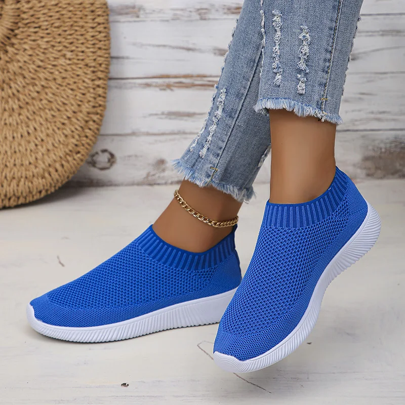 

Lucyever Blue Breathable Knitted Flats for Women Autumn Plus Size Soft Sole Sock Sneakers Woman Slip On Non Slip Tennis Shoes 44