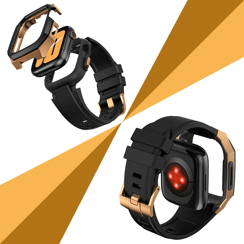 Strap Modification Kit for Apple Watch 8 7 45mm Stainless Steel Case for iWatch Series 6 SE 5 4 44mm Fluorine Rubber Band Set