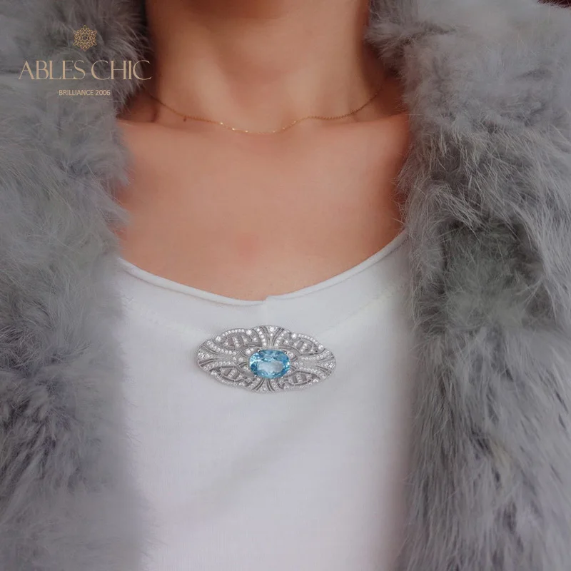 Sterling Silver Renaissance Natural Topaz Brooch Traditional Gemstone CZ Paved Flower Bridal Wedding Pin C11N3S26032