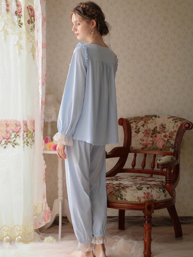 Spring Cotton Vintage Princess Long Night Loungewear French Retro Lolita Ruffles V-Neck Home Suit Sweet Lace Pajamas Sleepwear