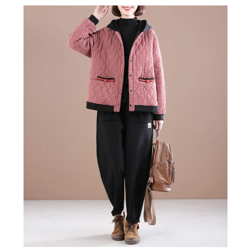 Thick Warm Hooded Coats Women New Arrival Autumn and Winter Vintage Style Plaid Pattern Loose Female Casual Outerwear
