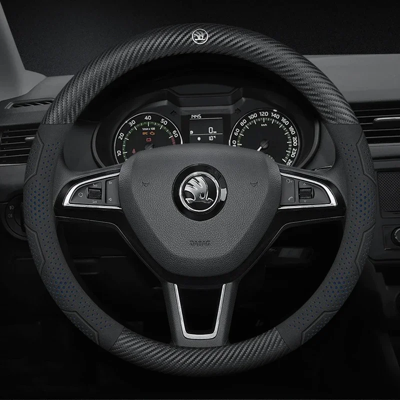 Фото Автомобильный кожаный чехол на руль из углеродного волокна для Skoda VRS Kodiaq Karoq Kamiq Octavia 1 a5 Scala Superb Yeti Fabia ENYAQ Citigo №3