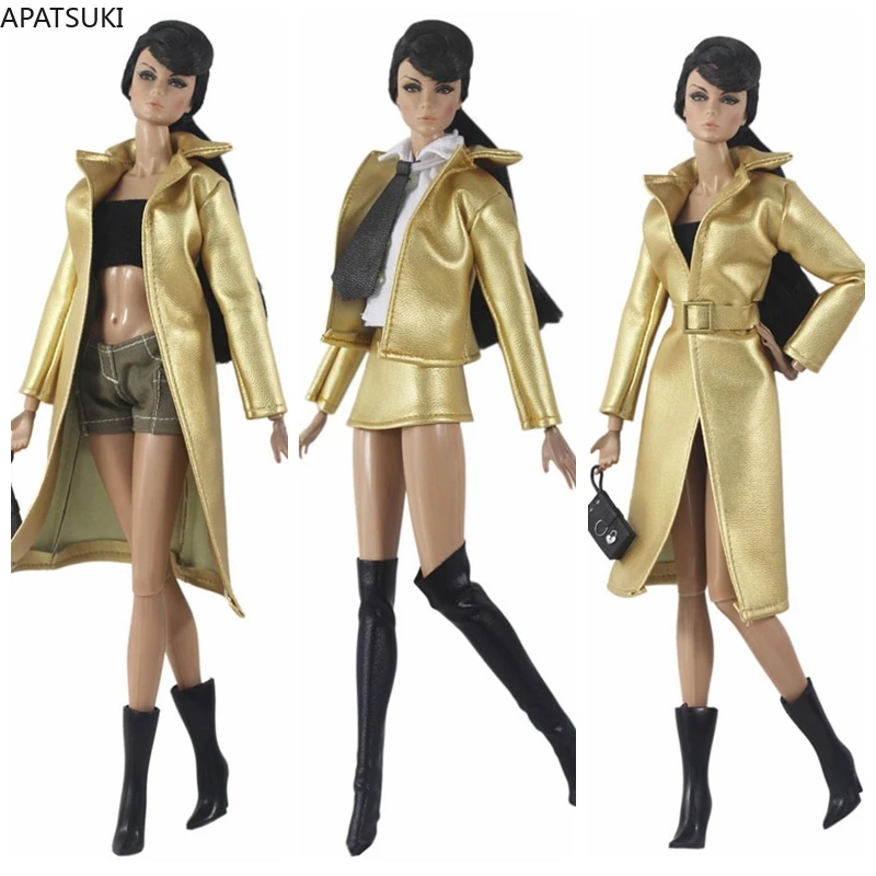 

Golden Leather Fashion Clothes Set For Barbie Doll Outfits Long Jacket Trenchcoat Top Shorts Boots Purse 1/6 Dolls Accessories