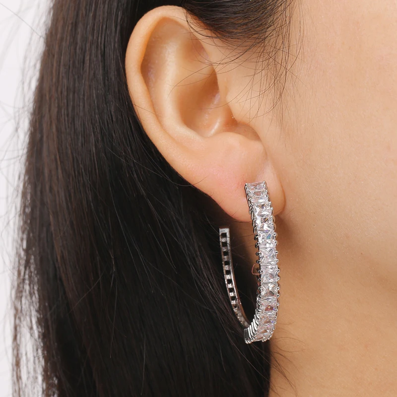

European and American Fashion Half Round Earrings White Zirconia Women Earrings Hoop Earrings Jewelry Anniversary Christmas Gift