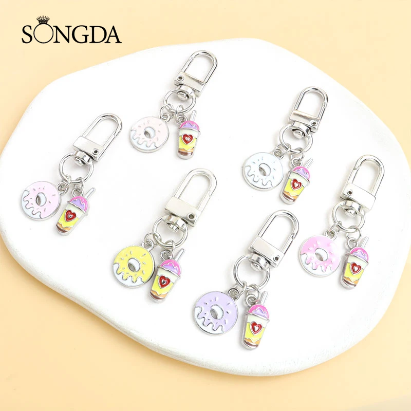 

Cute Enamel Keychains Doughnuts Milk Tea Drinks Drip Oil Charms Pendants Key Rings For Girls Handbag Earphone Case Jewelry Gifts